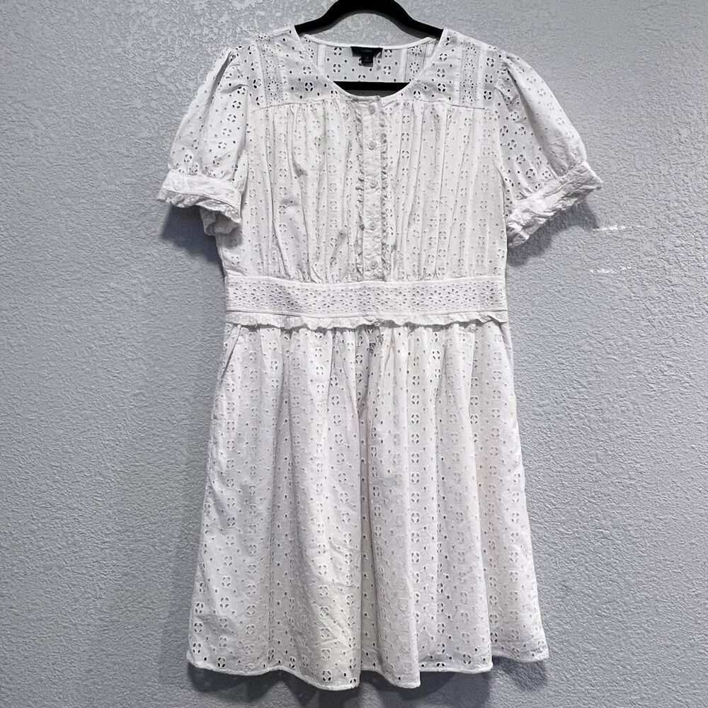 J. Crew Women Puff Sleeve Lace Eyelet Mini Dress Ivory Size 12 Fit Flare Lined